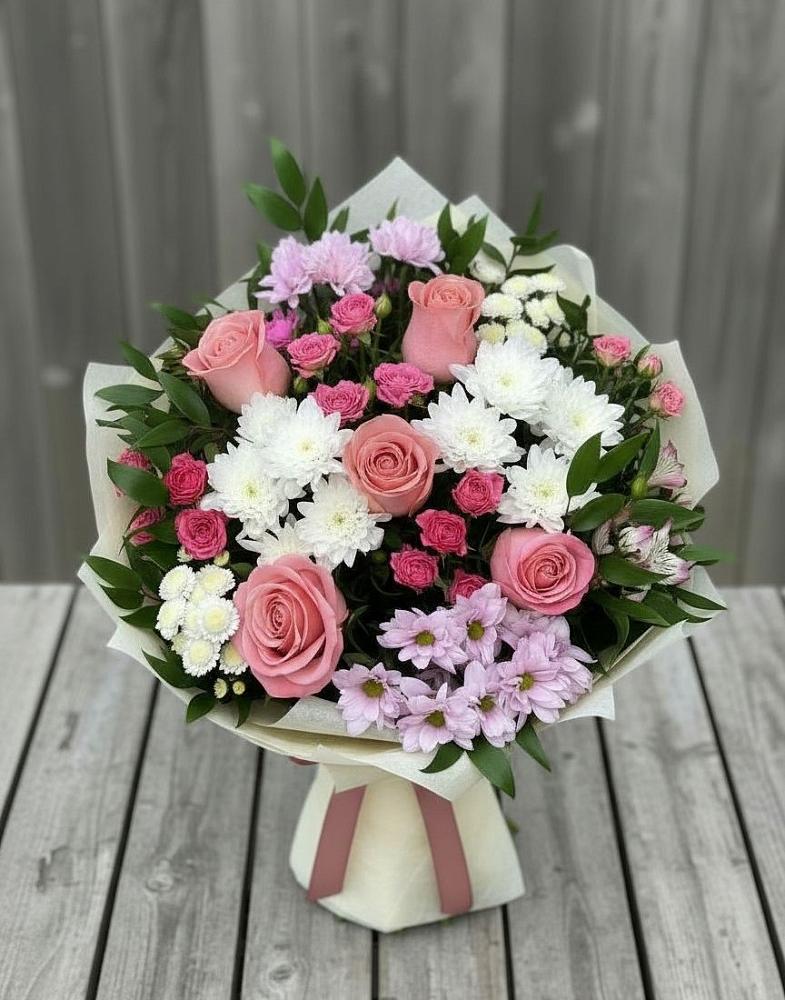Букет цветов из: Альстромерии, Гвоздики, Розы и Хризантемы в Глебычево