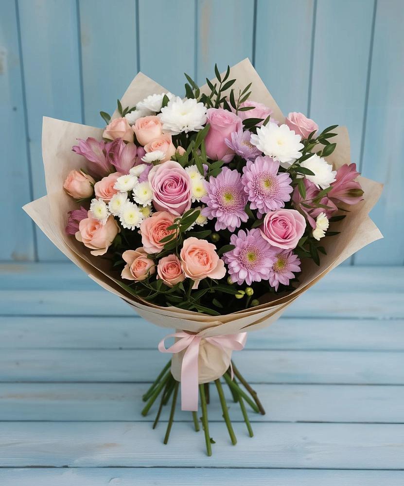 Букет цветов из: Хризантемы, Розы и Альстромерии в Глебычево