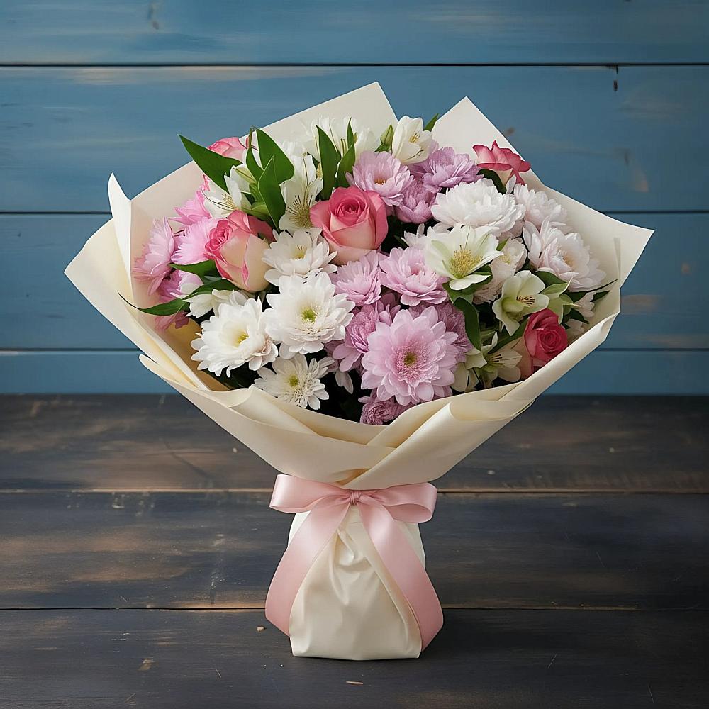 Букет цветов из: Хризантемы, Альстромерии и Розы в Глебычево